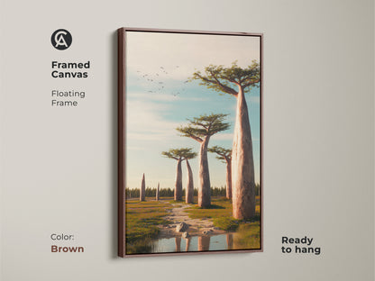 Brown framed canvas featuring realistic Baobab trees. This African savanna landscape wall art uses earth tones and sky blue. Ideal for living rooms or bedrooms. The floating frame is ready to hang.
