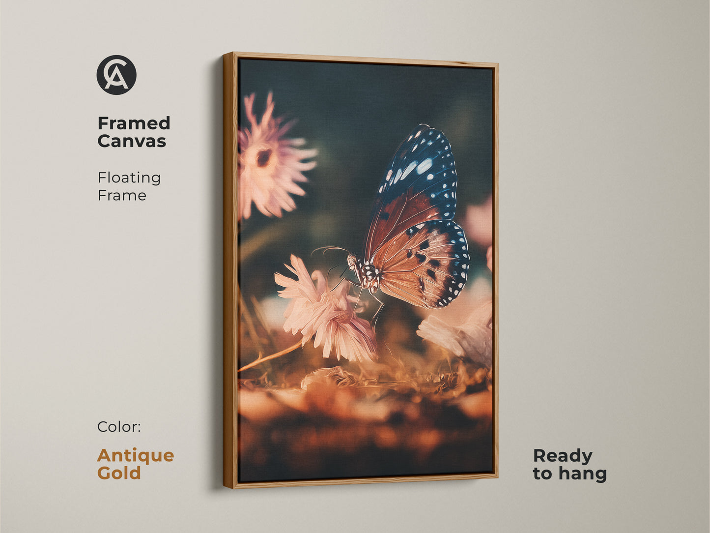 Antique gold framed canvas of a butterfly and flower. This macro floral artwork highlights a butterfly on a peach flower. This teal nature print is ready to hang. Great for eclectic style.