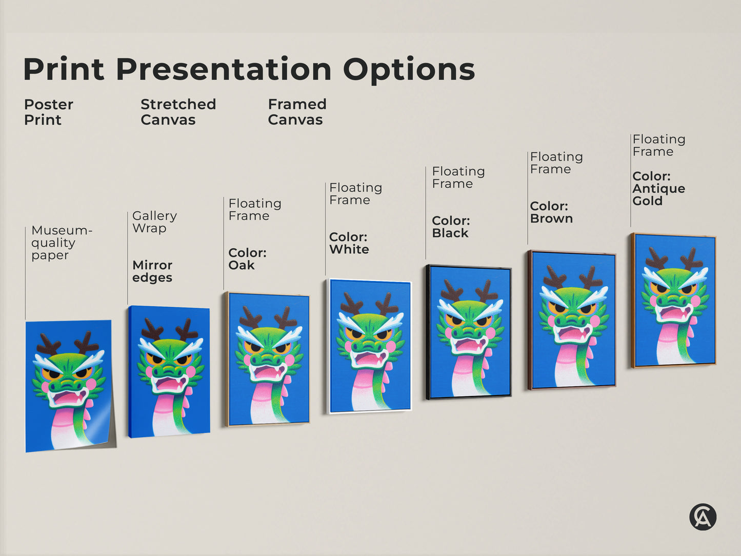 Explore Cartoon Dragon art presentation options poster print stretched canvas framed canvas in oak white black brown antique gold. Find the perfect kids room art.