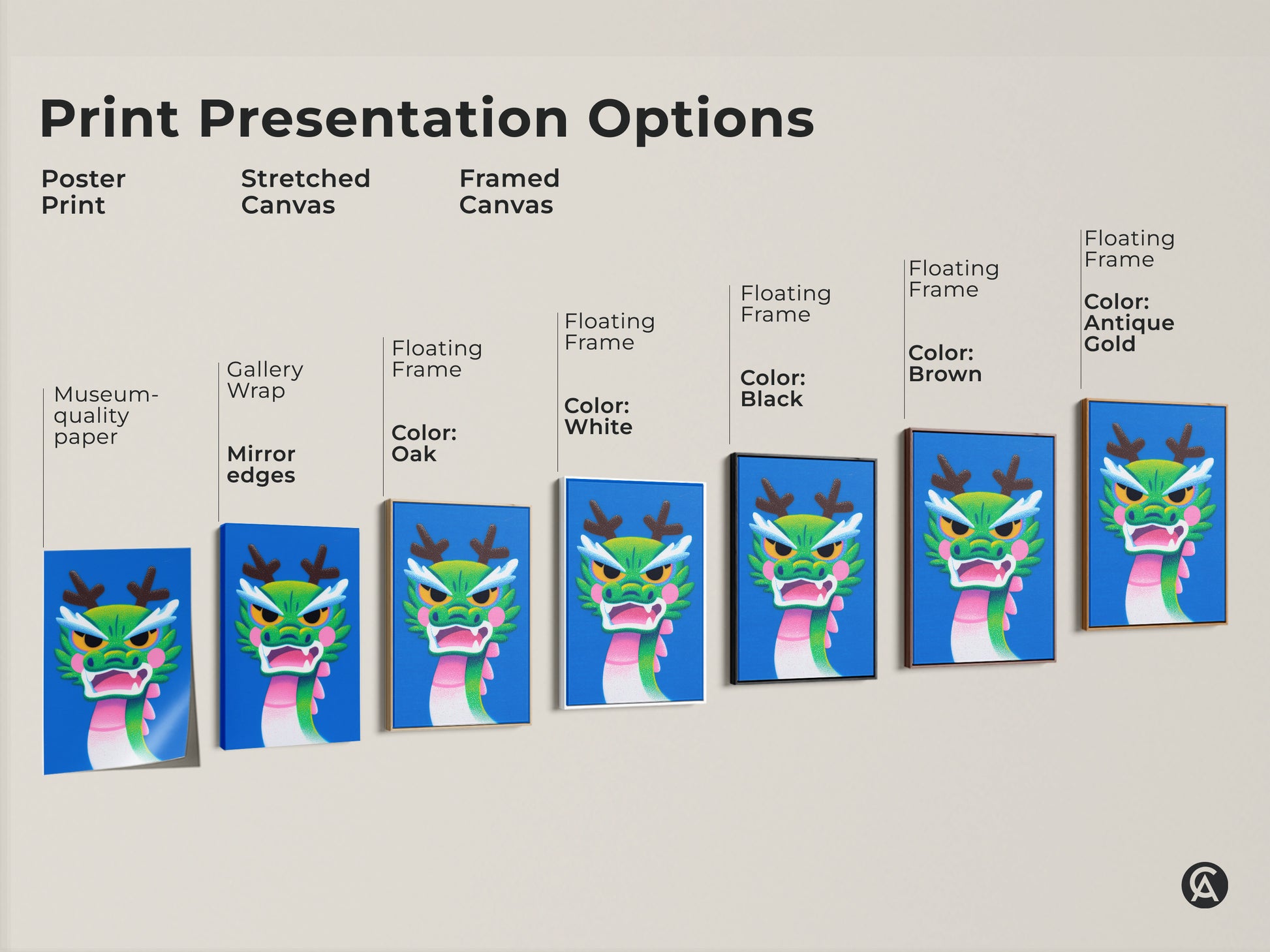 Explore Cartoon Dragon art presentation options poster print stretched canvas framed canvas in oak white black brown antique gold. Find the perfect kids room art.