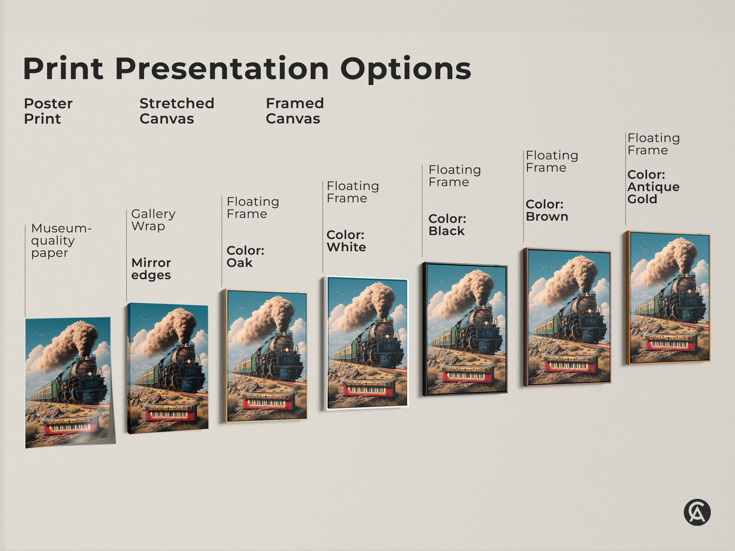 Explore poster stretched & framed canvas print presentation options. The surreal steam train artwork combines a retro locomotive with a keyboard. Find the perfect style for music transport & eclectic themes. The print enhances study room or office decor. Ideal gift for vintage art lovers.