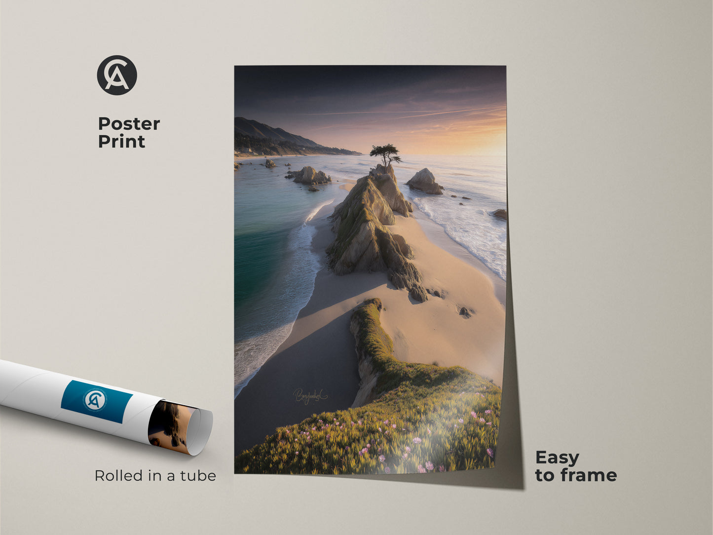 Poster print of a lone tree beach scene at sunset. This coastal rocky coast landscape artwork is easy to frame. Rolled in a tube for protection. This golden hour art is perfect for travel inspired wall art. A serene addition to any home.