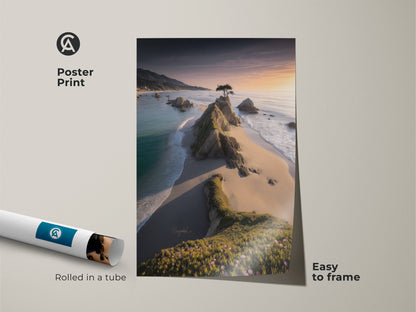 Poster print of a lone tree beach scene at sunset. This coastal rocky coast landscape artwork is easy to frame. Rolled in a tube for protection. This golden hour art is perfect for travel inspired wall art. A serene addition to any home.