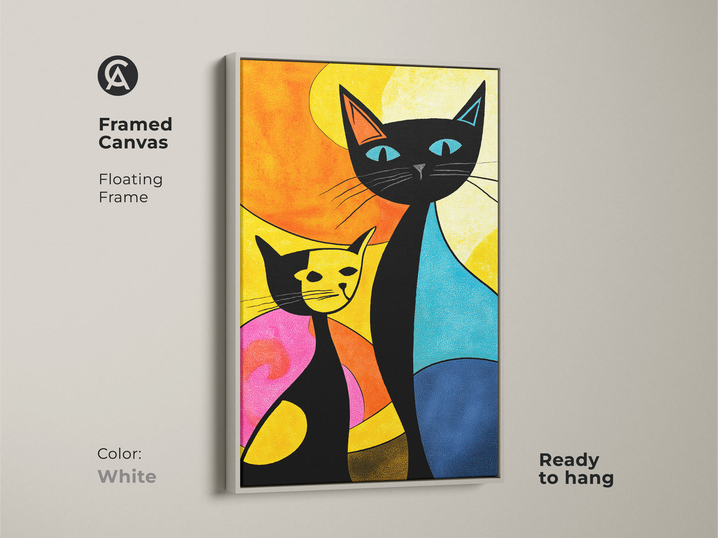 A framed canvas print of a cat artwork with a white floating frame. This colorful feline artwork features a black cat and a yellow cat. The framed canvas print is ready to hang and will be a great addition.