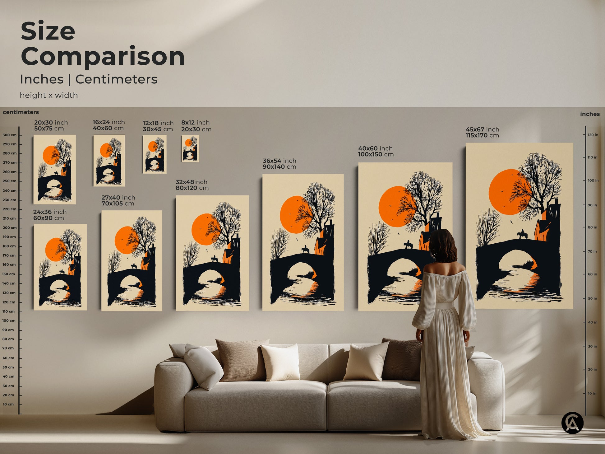 Size comparison of minimalist horse rider bridge art in inches and centimeters. Canvas and poster options available. Ranging from small to large sizes. This modern farmhouse orange and black sunset landscape wall art is a captivating addition. A perfect gift for travelers enhancing home decor.