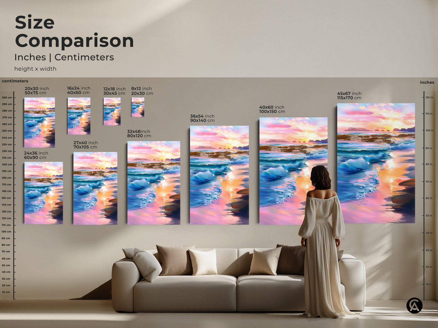 Size comparison shows canvas sizes in inches and centimeters. The impressionistic ocean waves art is perfect above a sofa. This waterfront landscape canvas creates tranquil beach view art for any room.
