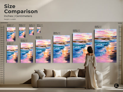Size comparison shows canvas sizes in inches and centimeters. The impressionistic ocean waves art is perfect above a sofa. This waterfront landscape canvas creates tranquil beach view art for any room.