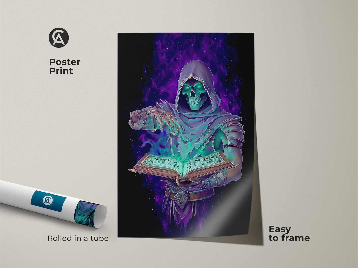 Discover this unique gothic occult wall art. Featuring a Grim Reaper with spellbook this poster is easy to frame. The emerald purple digital art is a great fantasy fan gift. Add witchy aesthetic art to your altar room decor.