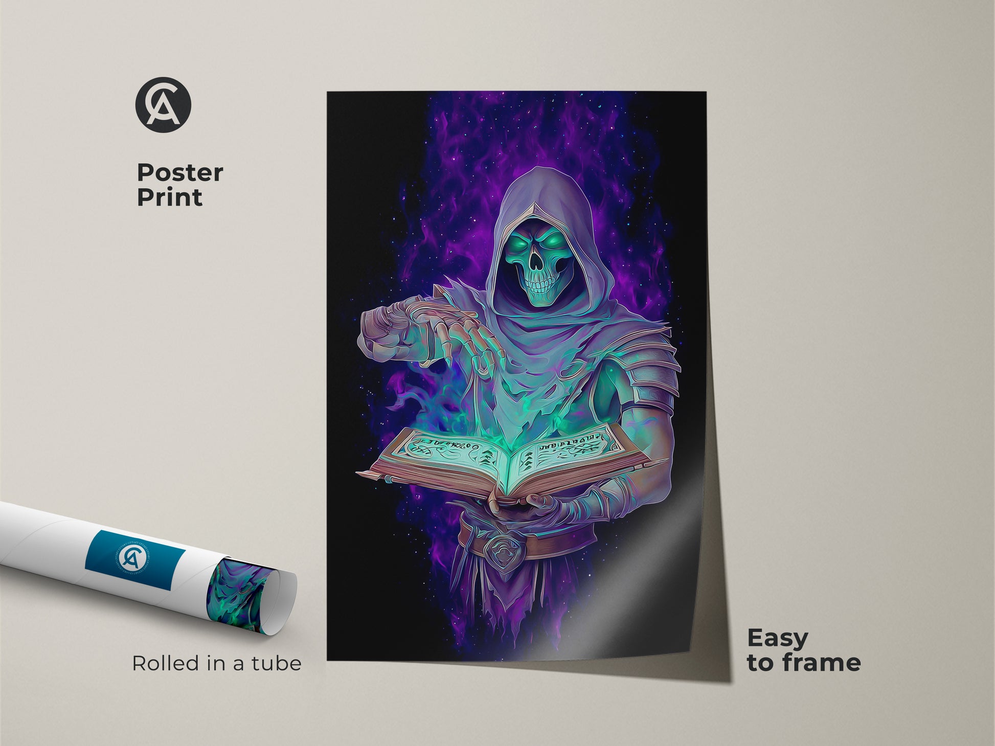 Discover this unique gothic occult wall art. Featuring a Grim Reaper with spellbook this poster is easy to frame. The emerald purple digital art is a great fantasy fan gift. Add witchy aesthetic art to your altar room decor.