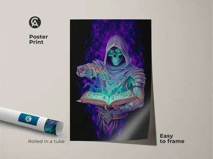 Discover this unique gothic occult wall art. Featuring a Grim Reaper with spellbook this poster is easy to frame. The emerald purple digital art is a great fantasy fan gift. Add witchy aesthetic art to your altar room decor.