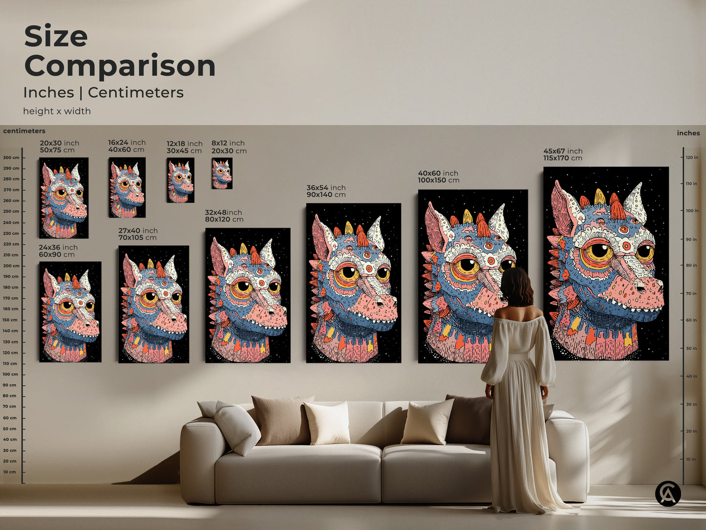 Size comparison of the teal pink and blue monster artwork. See how the fantasy creature decor fits above a sofa. Choose the perfect size for your eclectic fantasy poster.