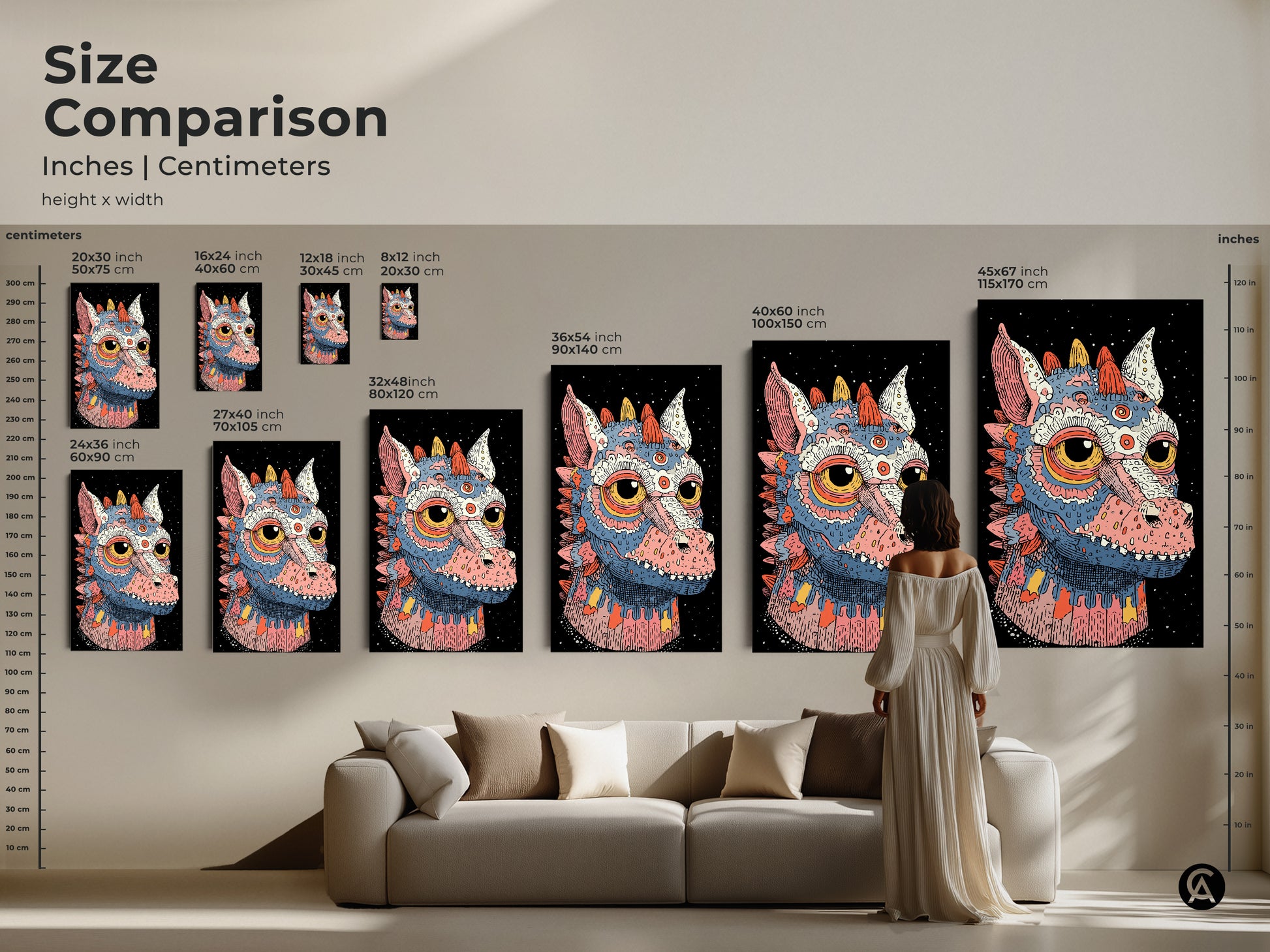 Size comparison of the teal pink and blue monster artwork. See how the fantasy creature decor fits above a sofa. Choose the perfect size for your eclectic fantasy poster.