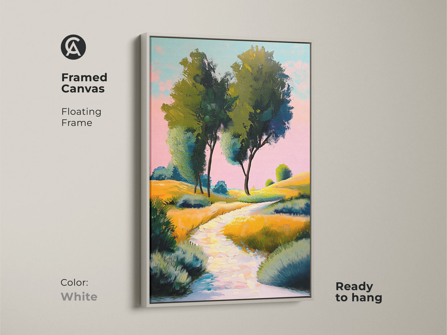 Framed canvas featuring yellow green rolling hills artwork. The white frame provides a clean modern look. This impressionistic landscape artwork is ready to hang as nature path wall decor. Ideal for brightening any residential wall.