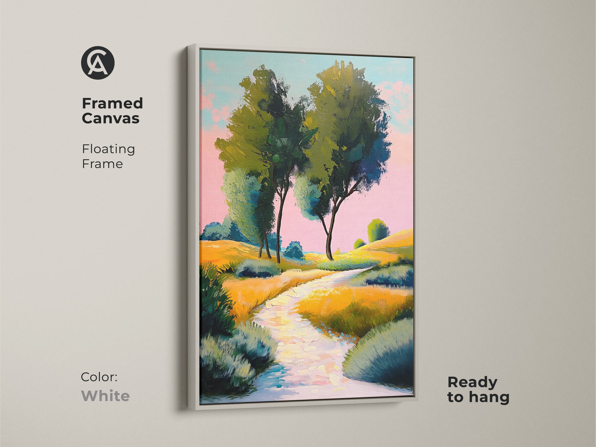Framed canvas featuring yellow green rolling hills artwork. The white frame provides a clean modern look. This impressionistic landscape artwork is ready to hang as nature path wall decor. Ideal for brightening any residential wall.