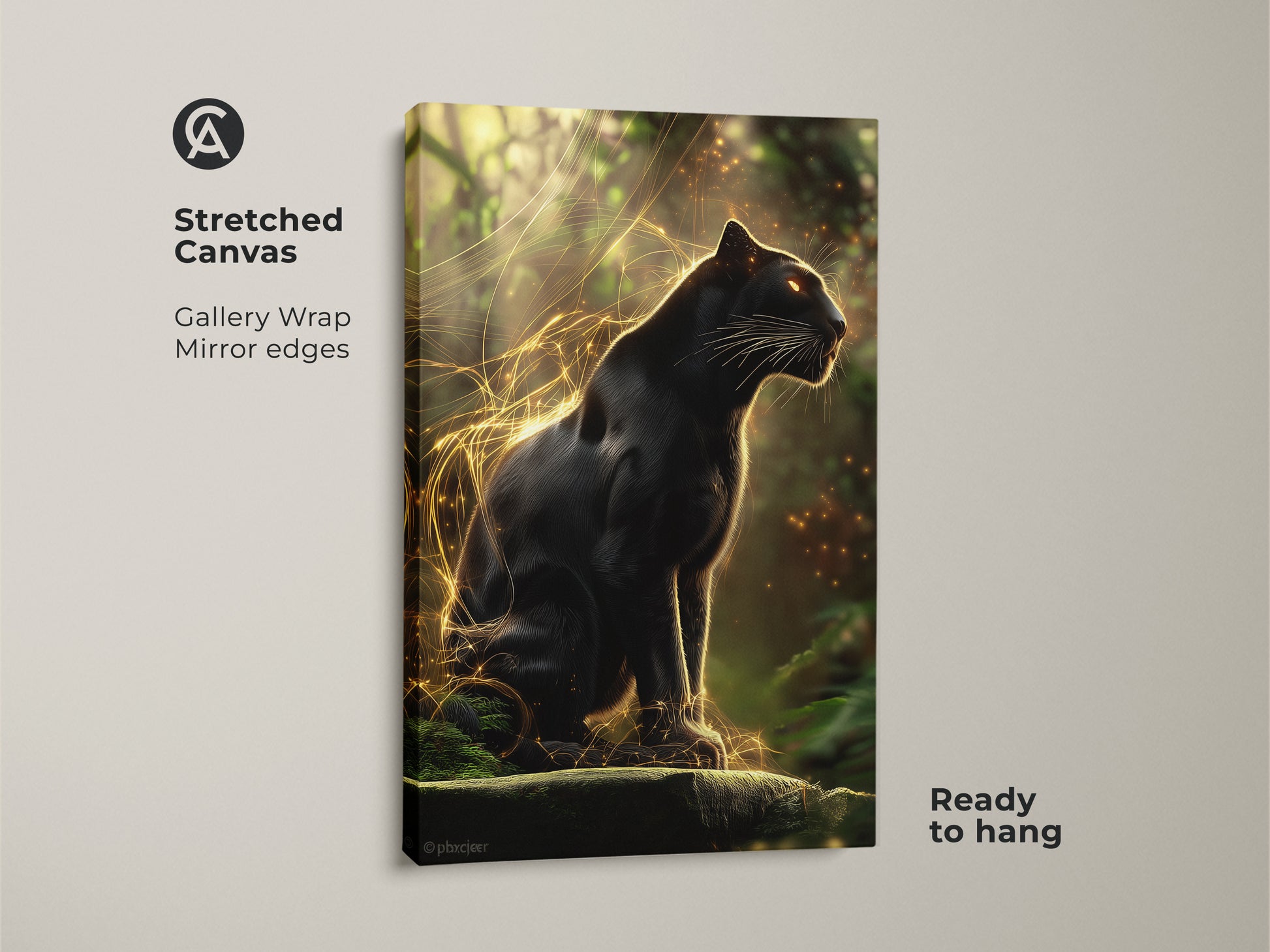 Stretched canvas of the Black Panther art print. This gold jungle cat artwork is ready to hang. The gallery wrap and mirror edges enhance its wildlife wall decor appeal. Ideal for adding a touch of fantasy to eclectic spaces.