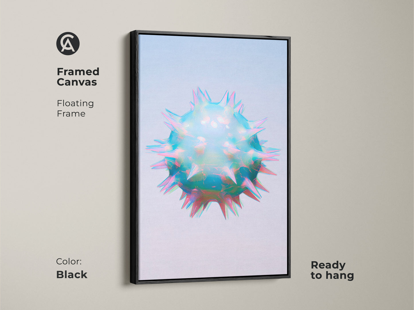 Black framed canvas of holographic abstract cell art. This sci-fi geometric wall art features iridescent teal blue and pink colors. This contemporary abstract art is ready to hang.