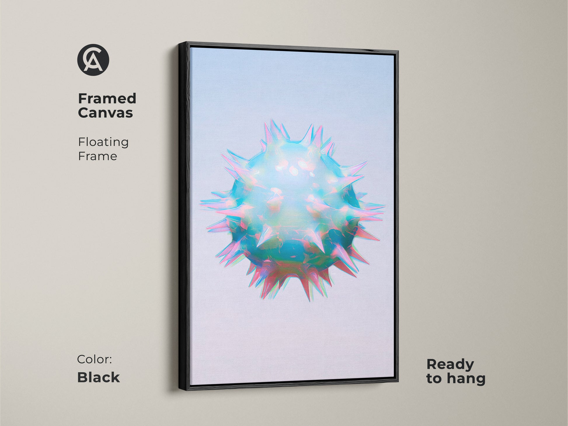 Black framed canvas of holographic abstract cell art. This sci-fi geometric wall art features iridescent teal blue and pink colors. This contemporary abstract art is ready to hang.