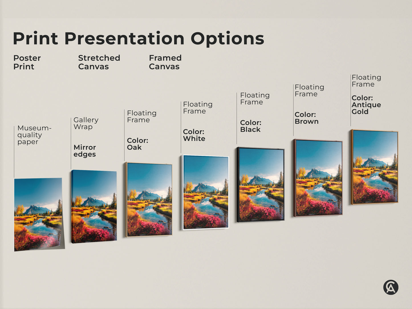Various print presentation options. Choose from poster prints to stretched canvas and framed canvas. Select a floating frame in oak white black brown or antique gold. Find the perfect style.