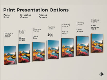 Various print presentation options. Choose from poster prints to stretched canvas and framed canvas. Select a floating frame in oak white black brown or antique gold. Find the perfect style.