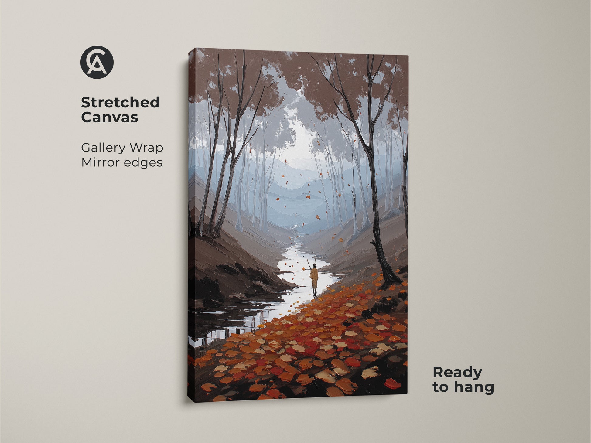 Stretched Canvas autumn forest river art print. An impressionist landscape print shows a hiker walking a nature scene. This Scandinavian style decor piece is ready to hang. The gallery wrap and mirror edges enhance the woodland nature canvas.