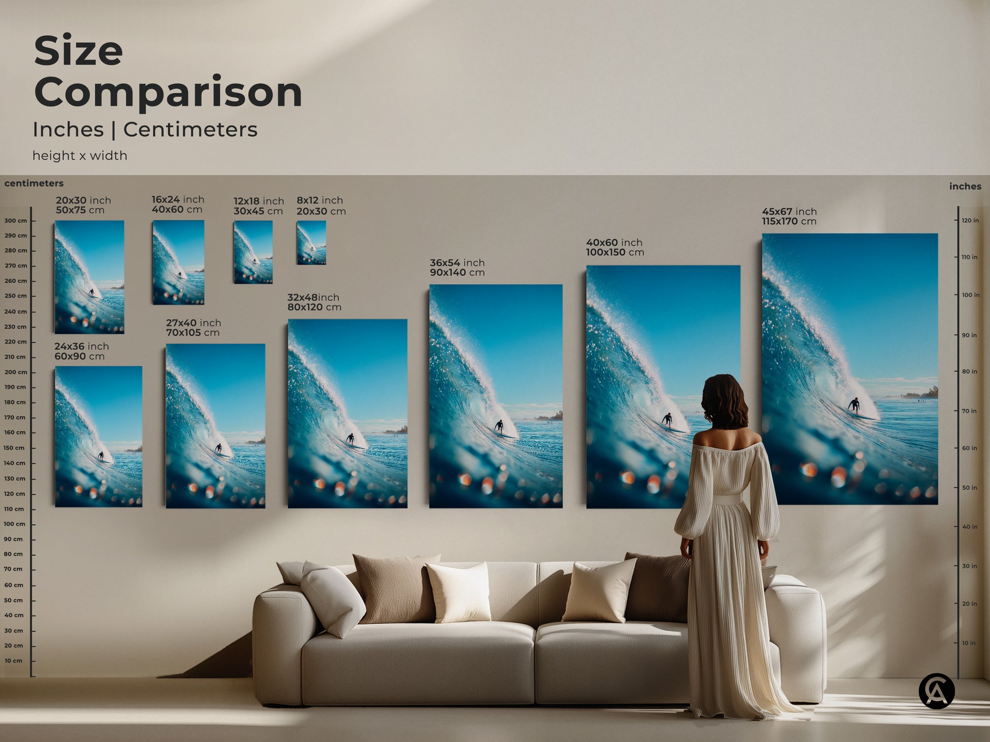 See our size comparison for surfing artwork. Inches and centimeters are displayed. Visualize canvas and poster print sizes in a living room. From 8x12 to 45x67 inches to fit your wall perfectly.