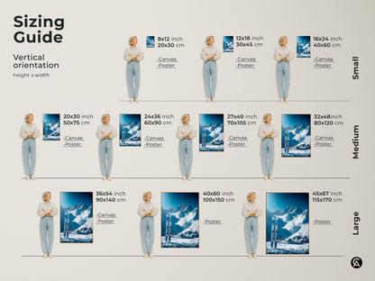 Sizing guide for vertical ski art prints. The artwork is a winter mountain scene. Sizes range from small to large. Available in canvas and poster prints. Find the perfect size for your space.