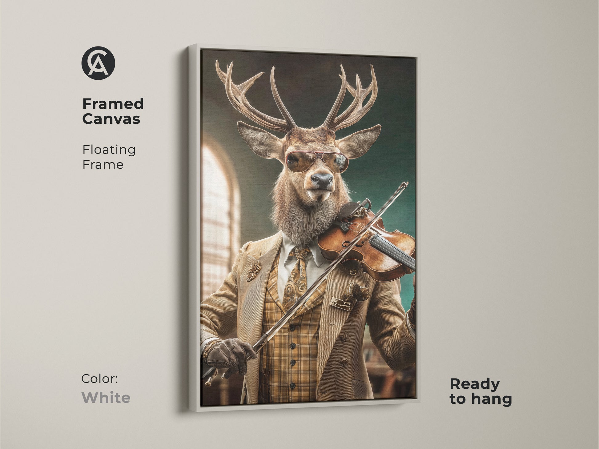 Framed canvas art featuring a deer playing a violin. The animal musician print is ready to hang. It features a white floating frame adding modern touch. Perfect eclectic study room wall decor in tan and brown tones. This unique animal portrait enhances any space.