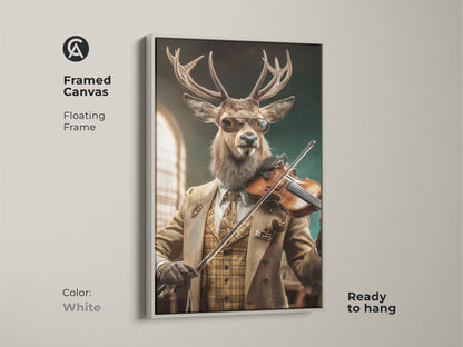 Framed canvas art featuring a deer playing a violin. The animal musician print is ready to hang. It features a white floating frame adding modern touch. Perfect eclectic study room wall decor in tan and brown tones. This unique animal portrait enhances any space.