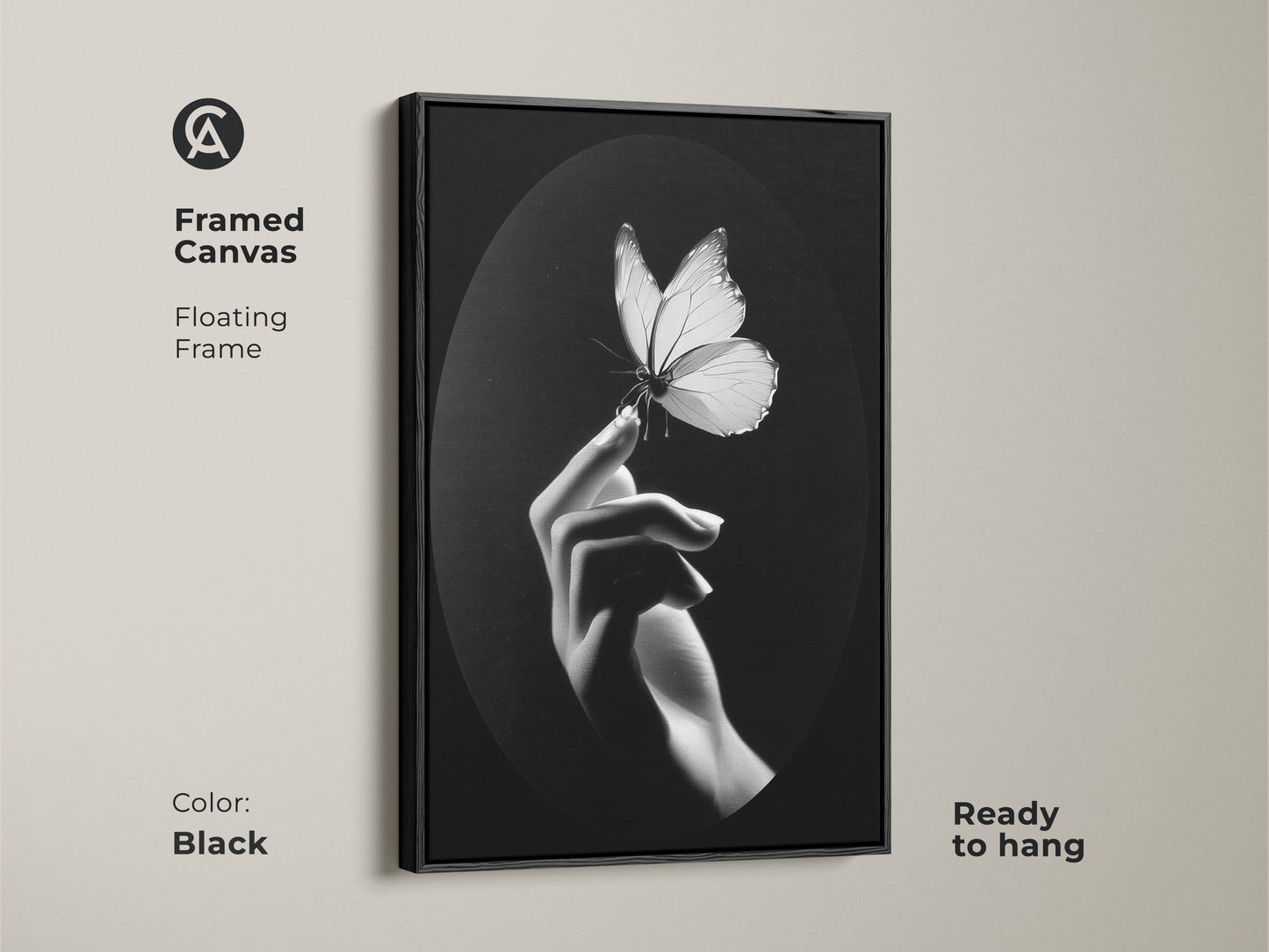 Framed Canvas shows monochrome butterfly artwork. The floating frame has minimalist hand art. Black and white wall decor is ready to hang. The art provides a nature lover gift art option. It has a contemporary touch to any bedroom space. The insect macro print enhances the elegant home art. Enhance a minimalist living room with fine art. Butterfly wall hanging for modern office art