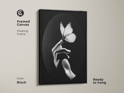 Framed Canvas shows monochrome butterfly artwork. The floating frame has minimalist hand art. Black and white wall decor is ready to hang. The art provides a nature lover gift art option. It has a contemporary touch to any bedroom space. The insect macro print enhances the elegant home art. Enhance a minimalist living room with fine art. Butterfly wall hanging for modern office art