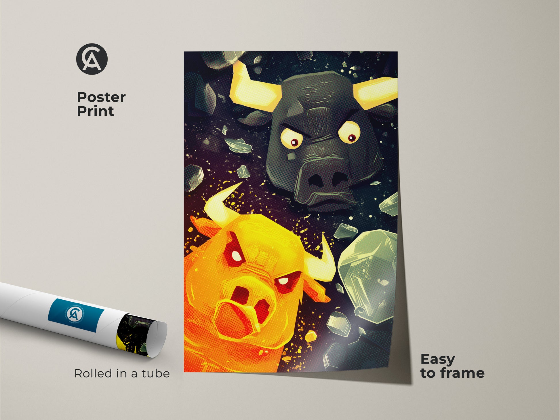 Poster print of a bold Minotaur and Bull illustration. Rolled in a tube for easy framing. The vibrant orange yellow and teal colors create a dynamic piece of fantasy art. Perfect as a unique gift for game fans or a statement piece for eclectic home decor this print is easy to frame.