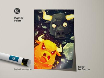 Poster print of a bold Minotaur and Bull illustration. Rolled in a tube for easy framing. The vibrant orange yellow and teal colors create a dynamic piece of fantasy art. Perfect as a unique gift for game fans or a statement piece for eclectic home decor this print is easy to frame.