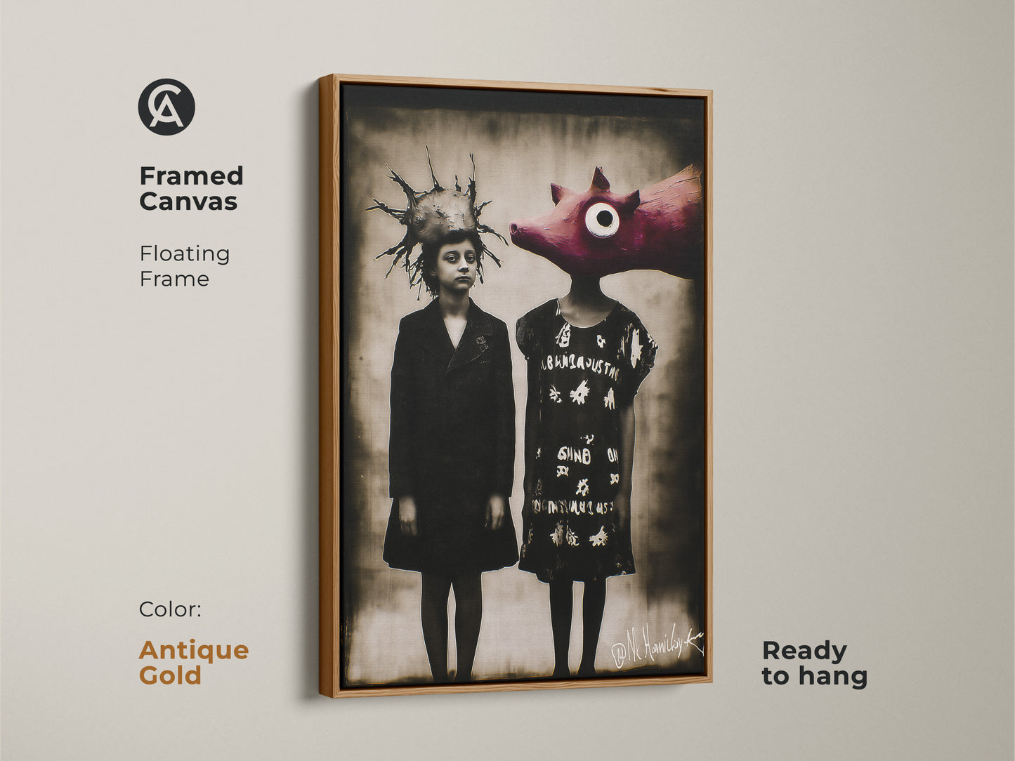Framed canvas in white showcasing a surreal child pig artwork. This ready-to-hang piece complements any eclectic home. The floating frame enhances the dark academia style. Ideal as study room wall art or an office artwork gift. The white frame adds a clean modern look.
