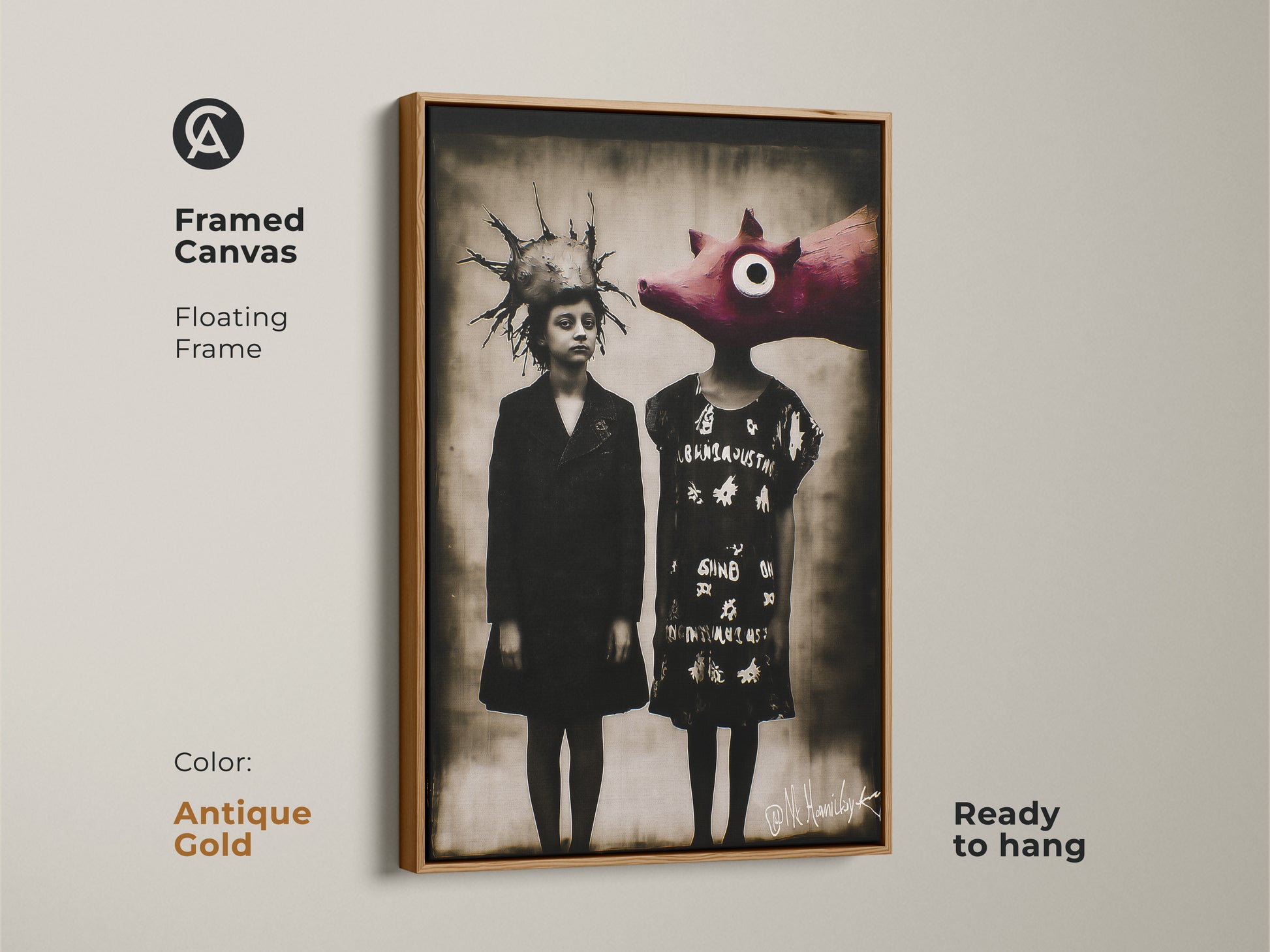 Framed canvas in white showcasing a surreal child pig artwork. This ready-to-hang piece complements any eclectic home. The floating frame enhances the dark academia style. Ideal as study room wall art or an office artwork gift. The white frame adds a clean modern look.