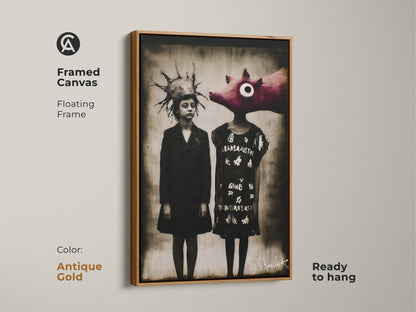 Framed canvas in white showcasing a surreal child pig artwork. This ready-to-hang piece complements any eclectic home. The floating frame enhances the dark academia style. Ideal as study room wall art or an office artwork gift. The white frame adds a clean modern look.