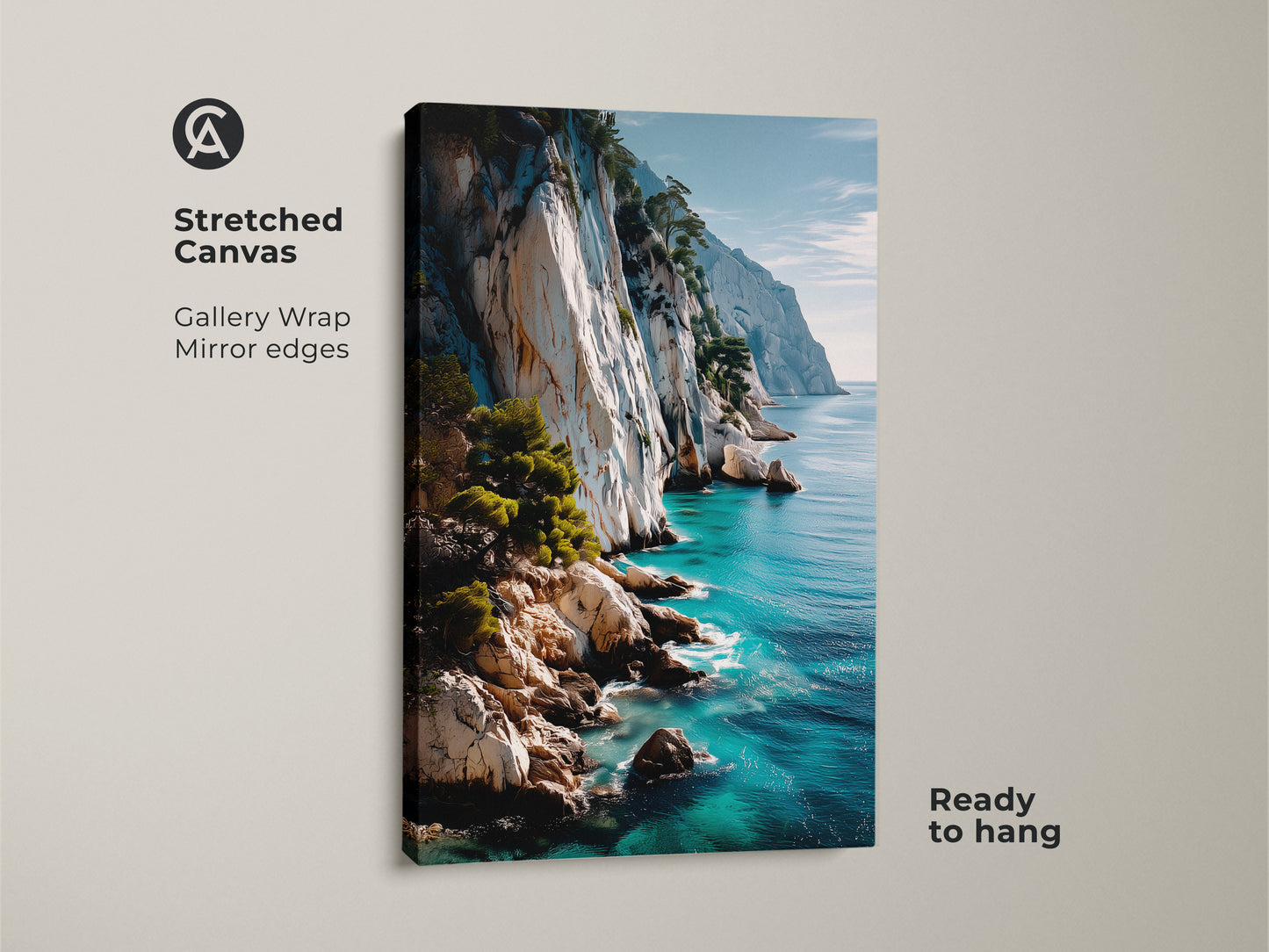 Stretched canvas print of a coastal cliff ocean view. The gallery wrapped nature artwork features turquoise blue water and white cliffs. It's a ready to hang photorealistic landscape. Ideal wall art for bringing a coastal feel to any room. The mirror edges add a professional touch.