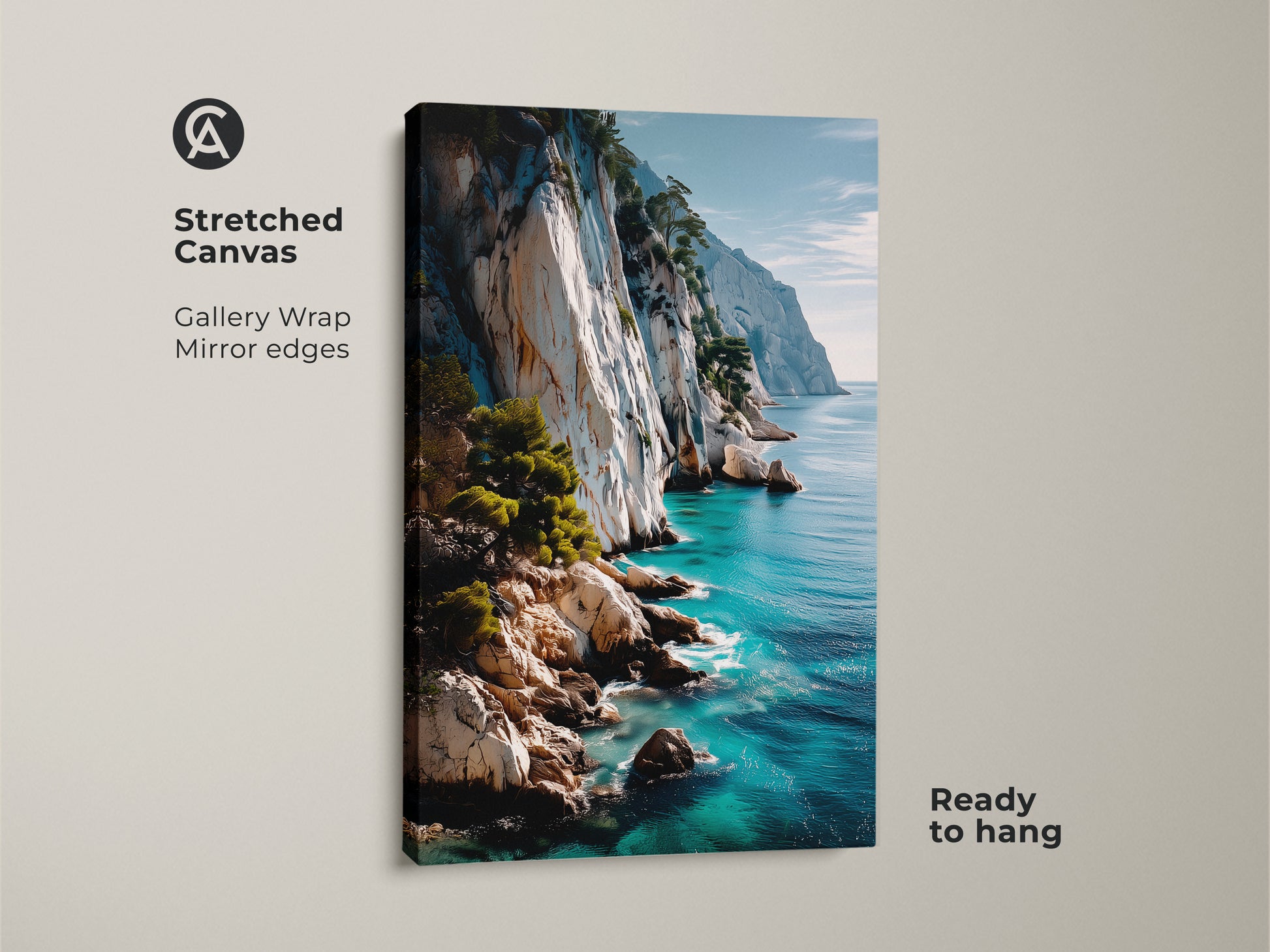Stretched canvas print of a coastal cliff ocean view. The gallery wrapped nature artwork features turquoise blue water and white cliffs. It's a ready to hang photorealistic landscape. Ideal wall art for bringing a coastal feel to any room. The mirror edges add a professional touch.
