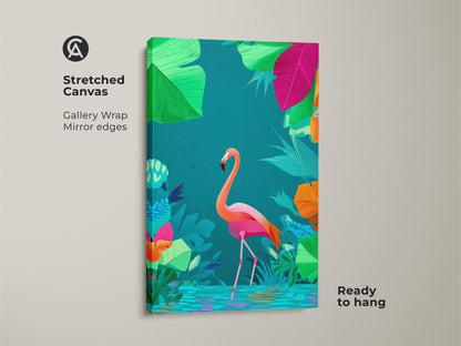 Stretched canvas art showing a pink flamingo with tropical leaves. Gallery wrapped with mirrored edges this boho flamingo artwork is ready to hang. The canvas brings nature indoors.