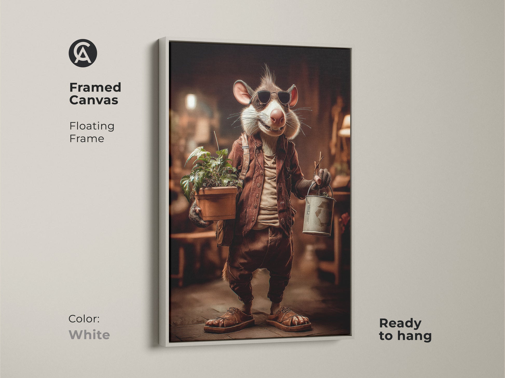Framed canvas of a whimsical rat art print. This floating frame in white offers a clean modern look. This ready to hang artwork combines animal and nature themes. Perfect eclectic home accent wall decor for plant lovers.