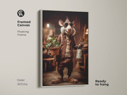 Framed canvas of a whimsical rat art print. This floating frame in white offers a clean modern look. This ready to hang artwork combines animal and nature themes. Perfect eclectic home accent wall decor for plant lovers.