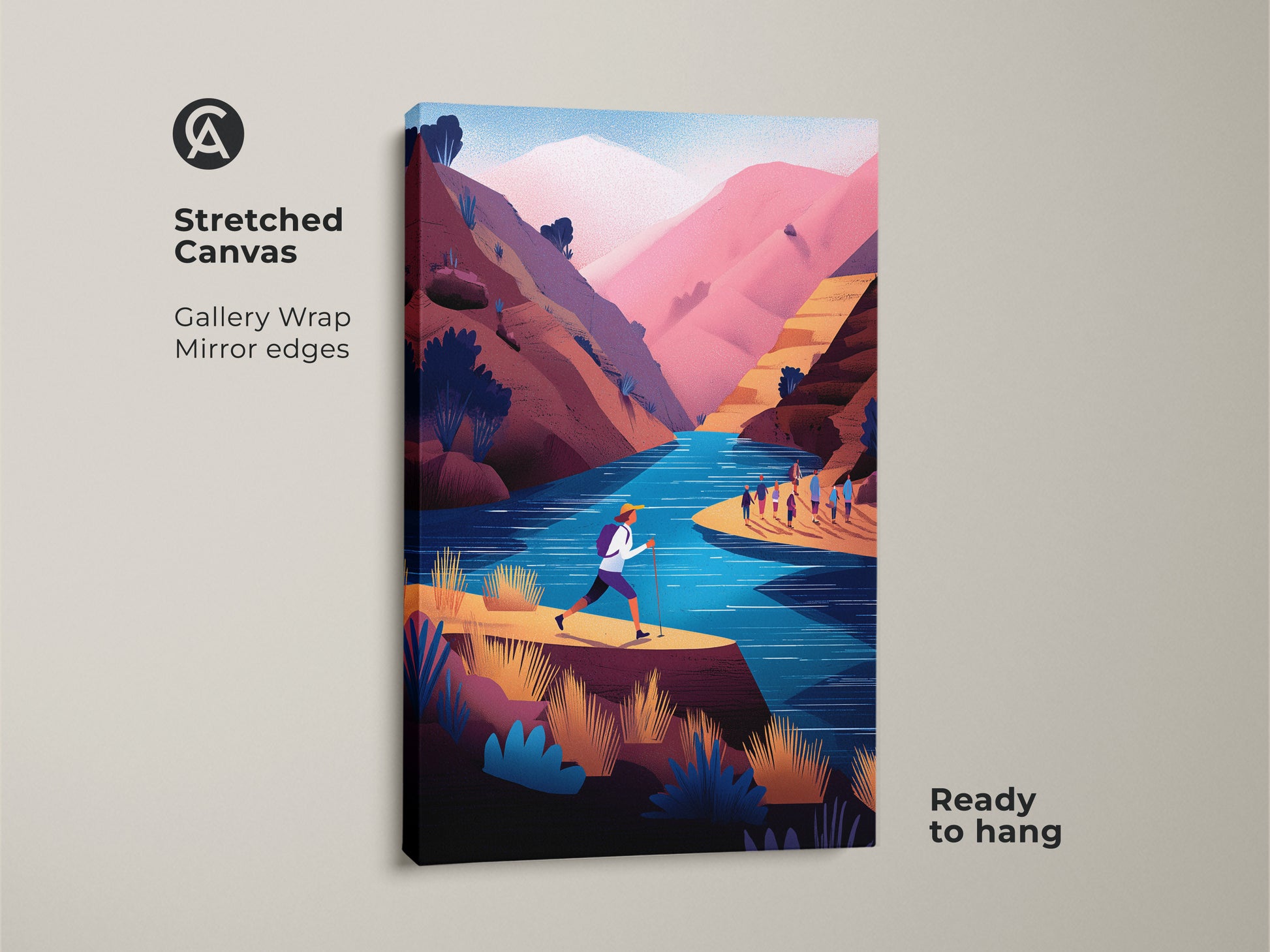 Stretched canvas of teal pink mountain scenery. Gallery wrapped with mirror edges. Ready to hang. This adventure wall art print depicts a hiking river landscape. A contemporary flat illustration for outdoor lovers. Great housewarming gift idea.
