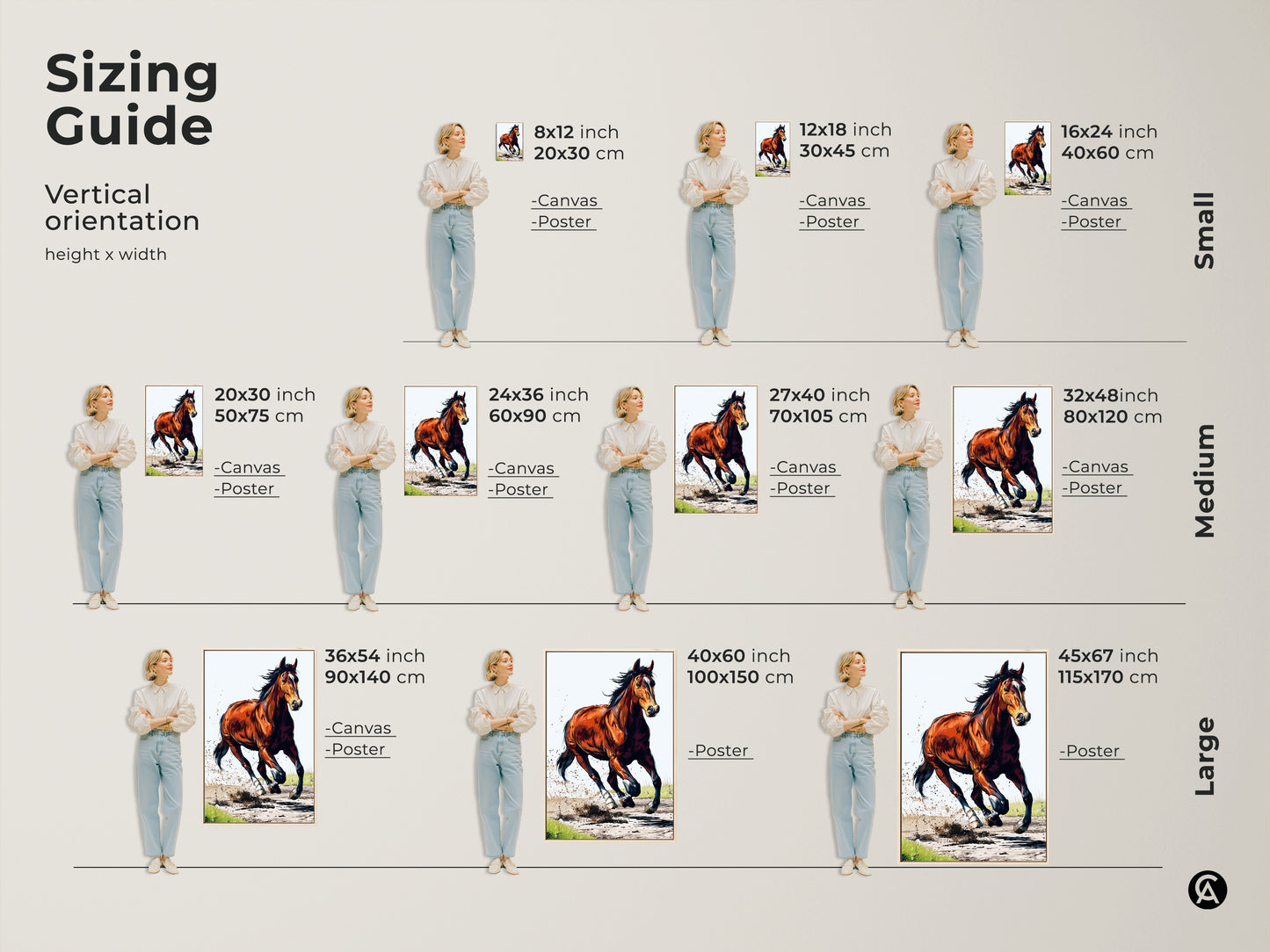 Sizing guide for vertical chestnut horse artwork. Available in canvas and poster options. Find the perfect fit for your space from small to large sizes. Shop dynamic animal artwork today.