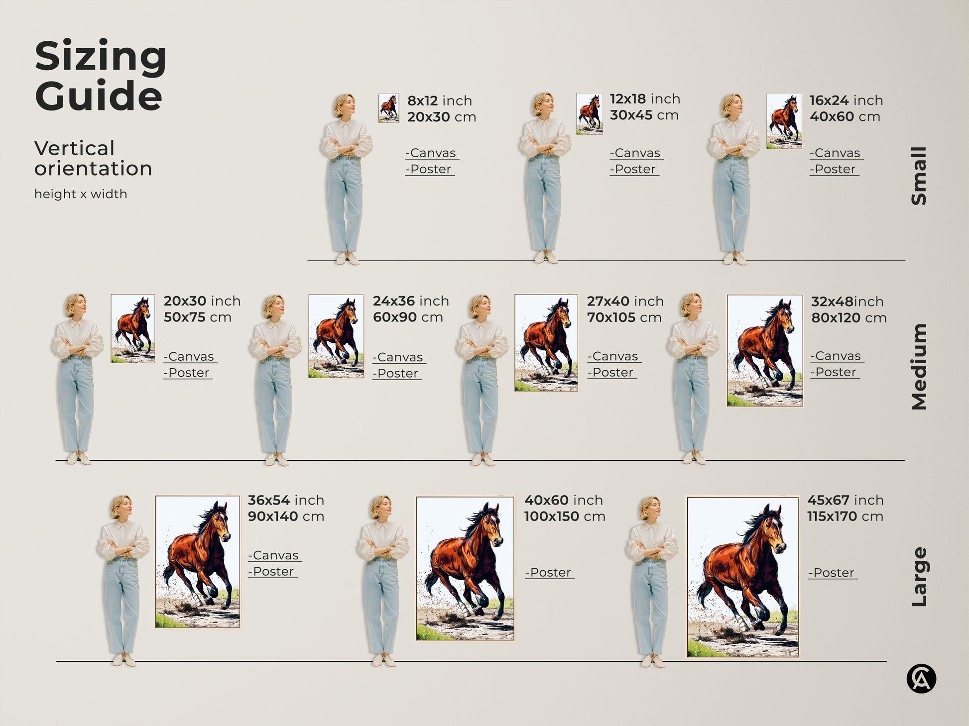 Sizing guide for vertical chestnut horse artwork. Available in canvas and poster options. Find the perfect fit for your space from small to large sizes. Shop dynamic animal artwork today.