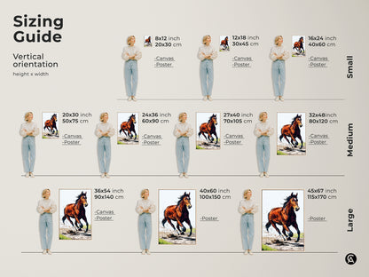Sizing guide for vertical chestnut horse artwork. Available in canvas and poster options. Find the perfect fit for your space from small to large sizes. Shop dynamic animal artwork today.