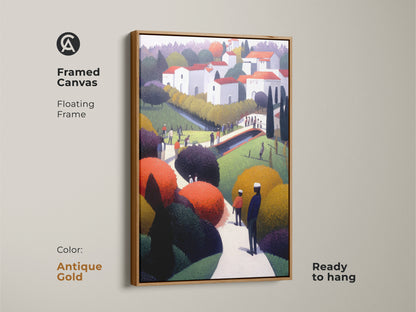 Framed canvas art featuring a folk art village scene. This naive landscape print has an antique gold floating frame. Ready to hang and adds a touch of European charm to your decor.