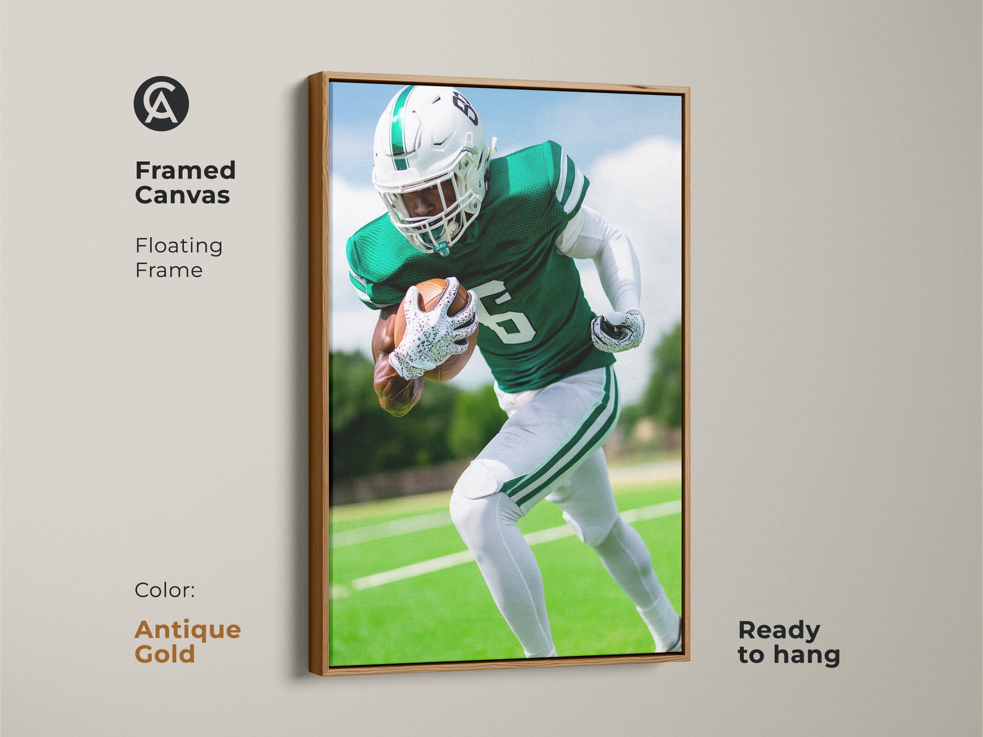 Framed in antique gold this American Football Canvas offers a floating frame. The Green and White artwork is ready to hang. Perfect as man cave wall art or office sports decor. It's a great gift for any football fan.