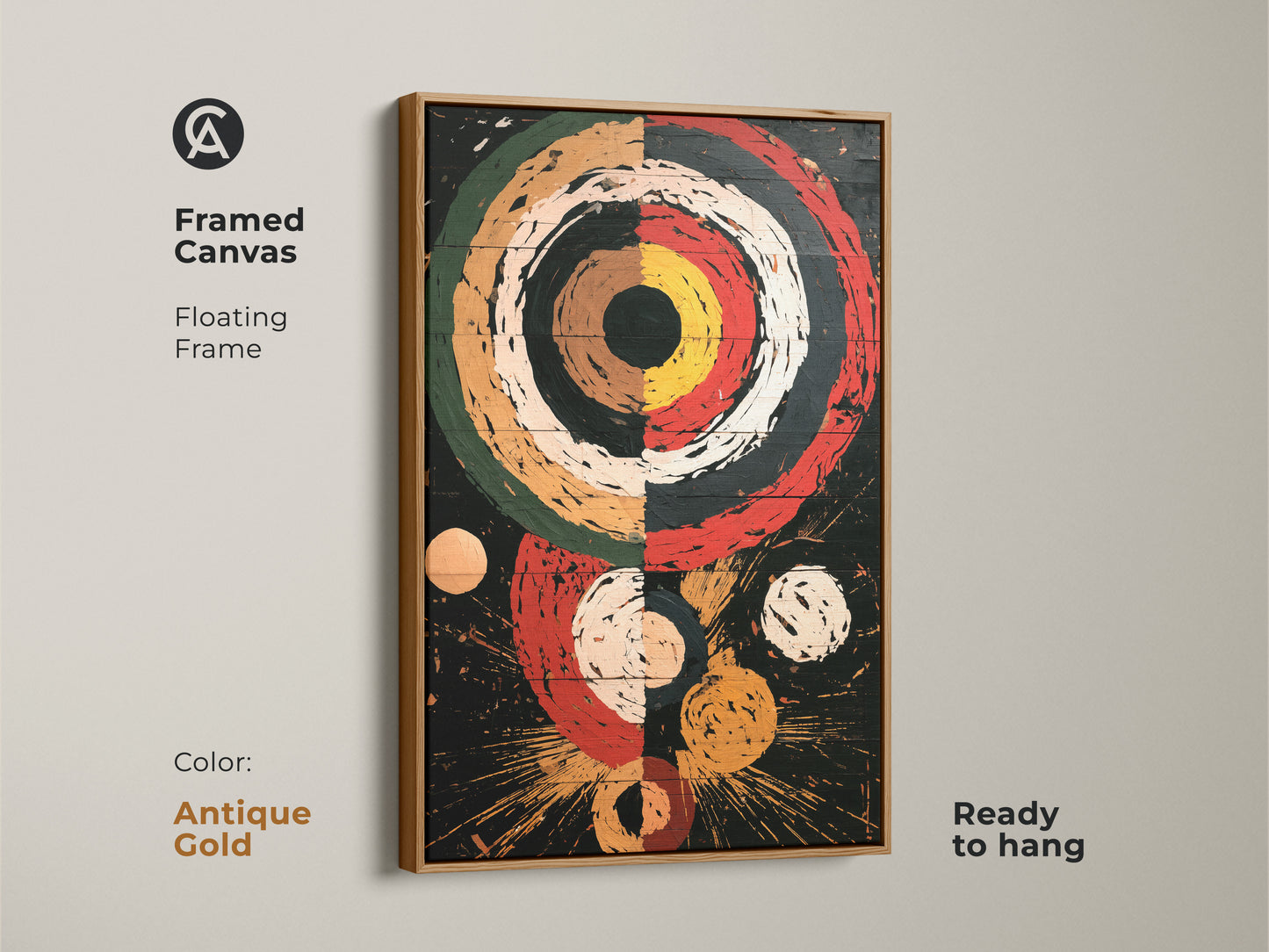 Framed antique gold canvas featuring a Retro Abstract Geometric art print. This piece of office wall art showcases concentric circles and explosion shapes in red black and white. It's a mid-century modern artwork ready to hang with a floating frame. An ideal retro style canvas for any room.