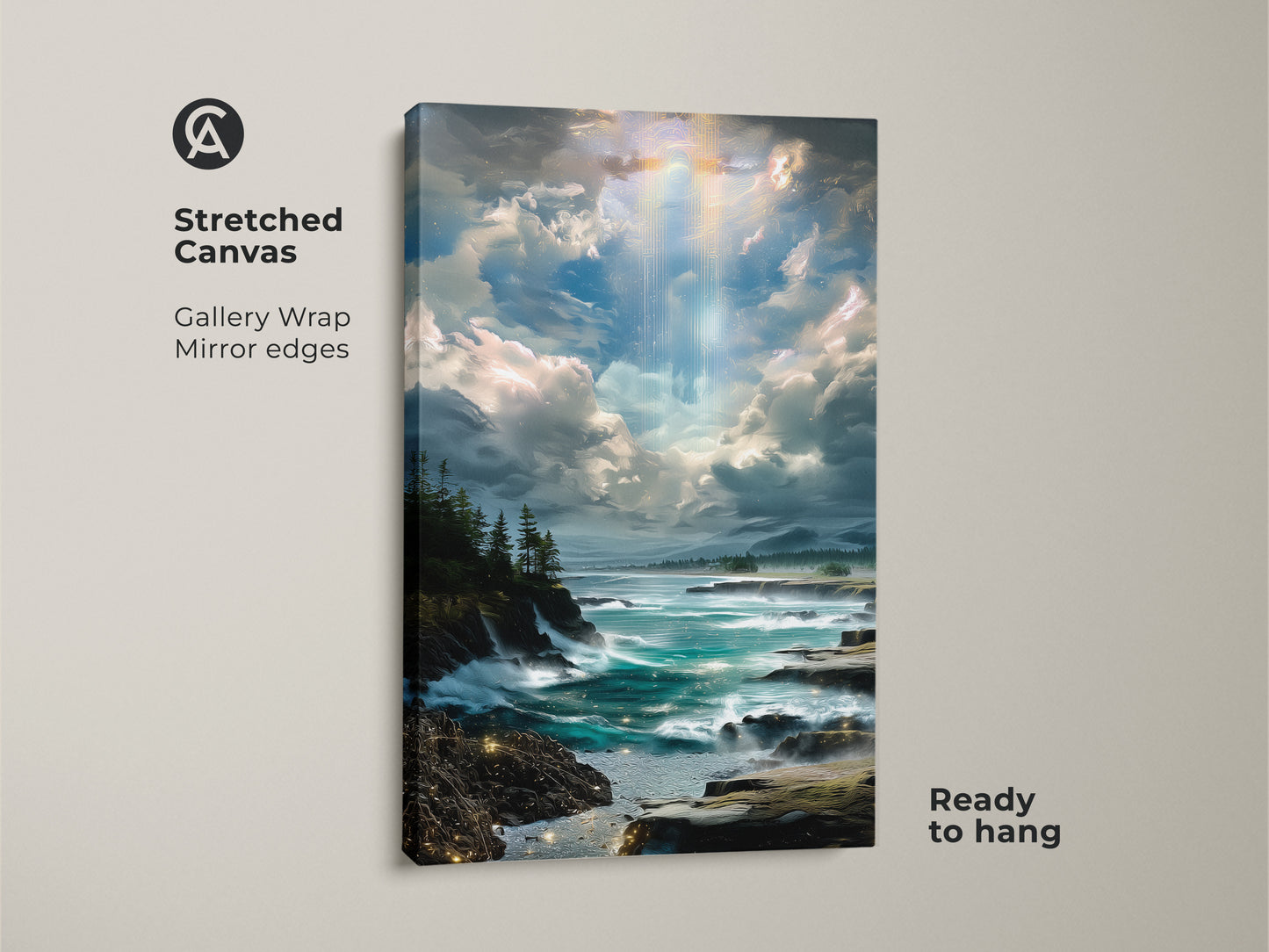 A stretched canvas print of a blue teal ocean landscape art. This coastal home decor features an impressionistic rocky coastline with a cloudy sky. Ready to hang wall art for any home.