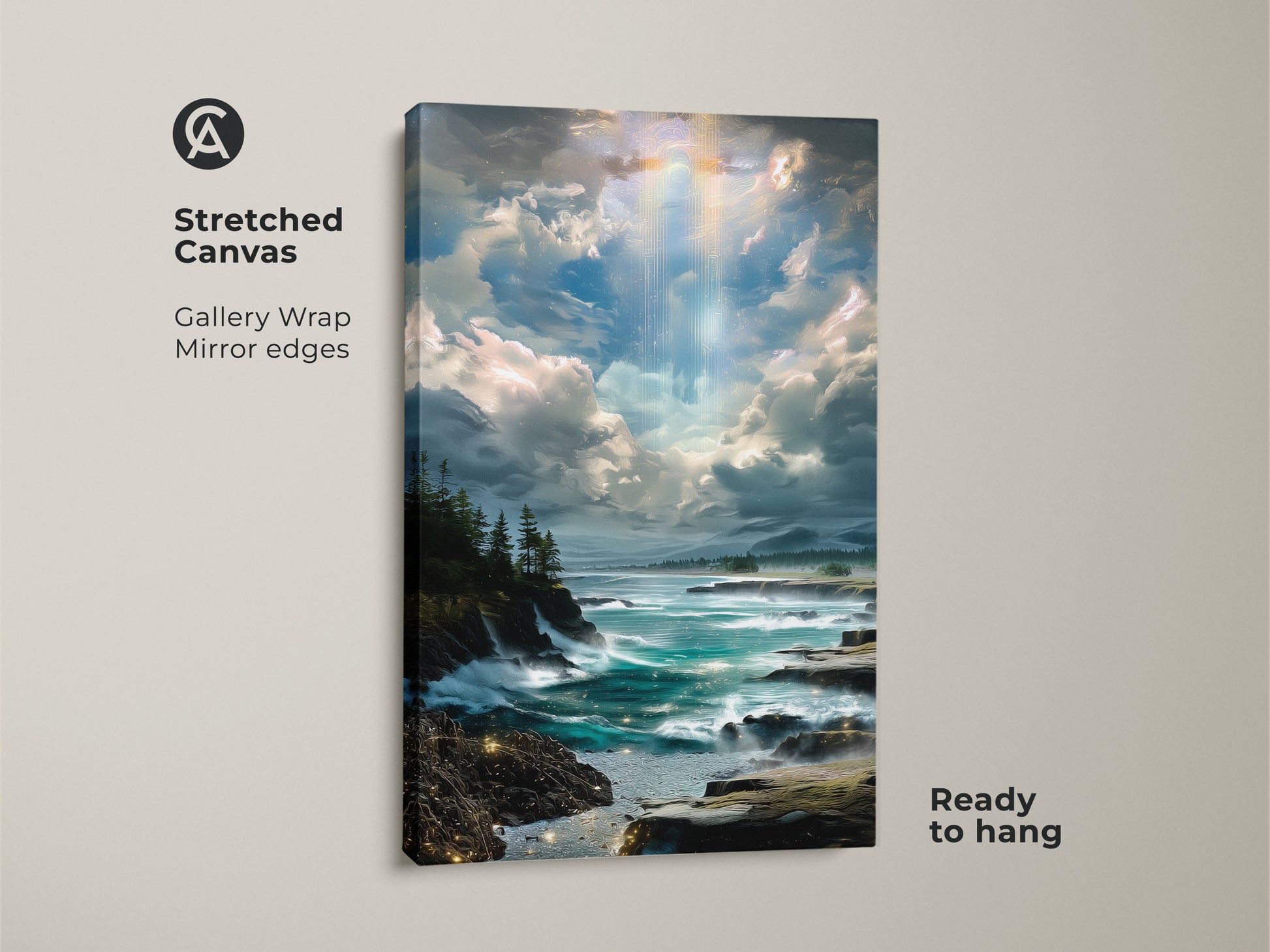 A stretched canvas print of a blue teal ocean landscape art. This coastal home decor features an impressionistic rocky coastline with a cloudy sky. Ready to hang wall art for any home.