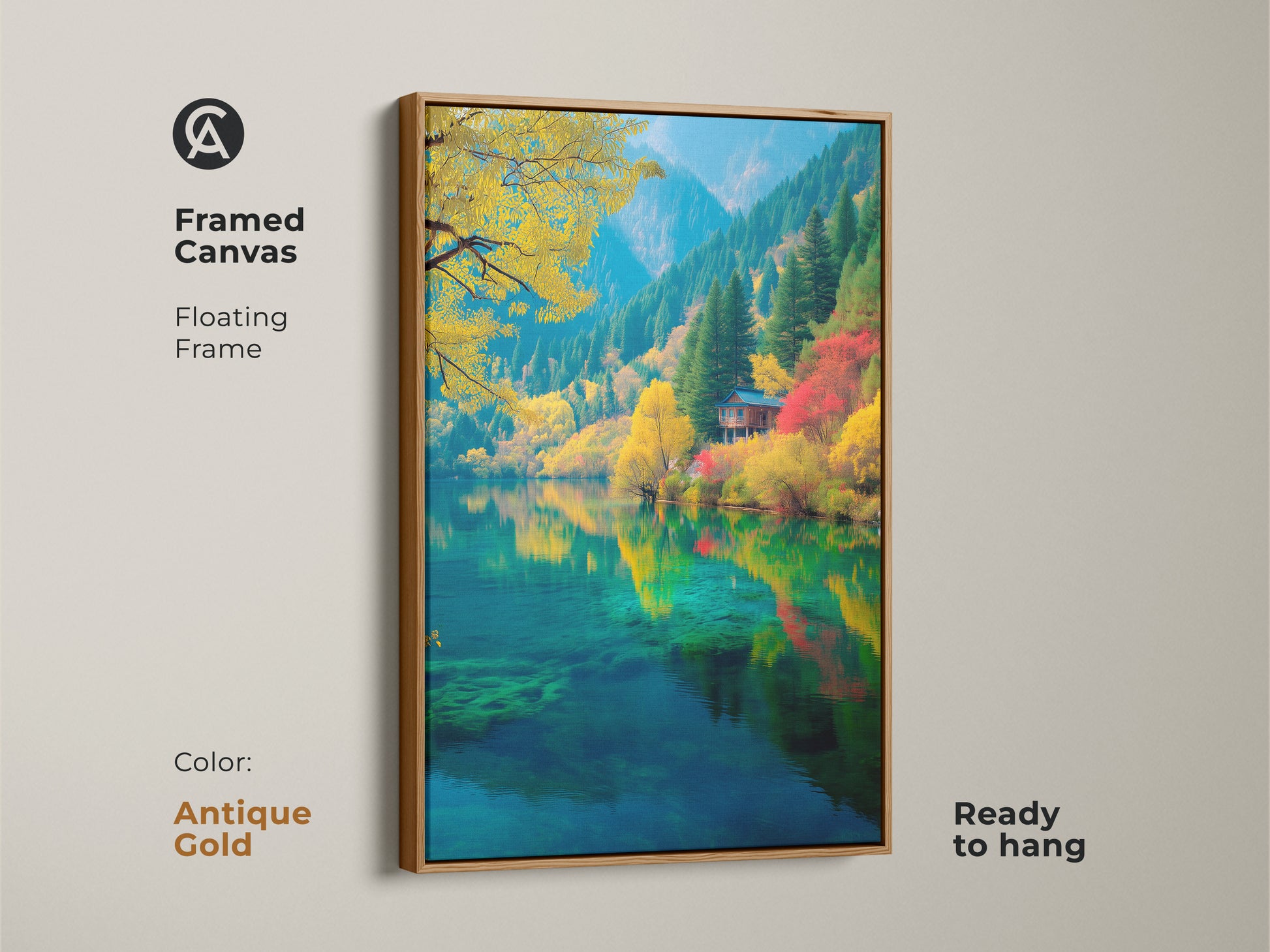Framed canvas art with a floating frame in antique gold. The artwork features a tranquil lake scene with vibrant autumn colors and a cozy cabin. Ready to hang this piece brings elegance to any room. Find the perfect framed artwork for your home today.